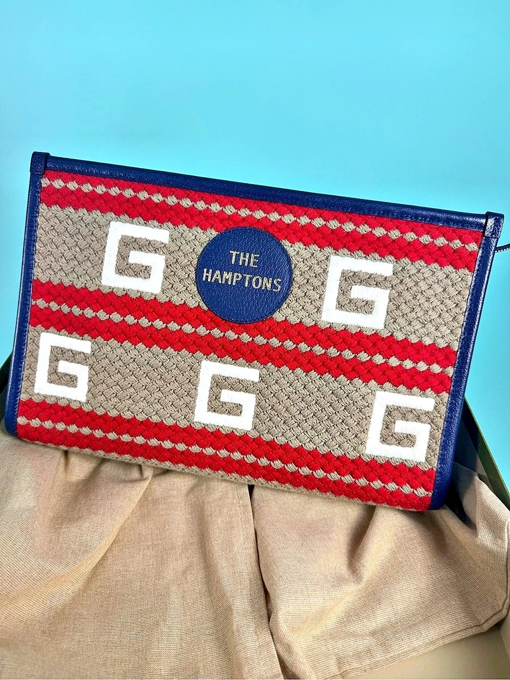 Gucci The Hamptons GG Straw Effect Pouch Clutch Blue & Red